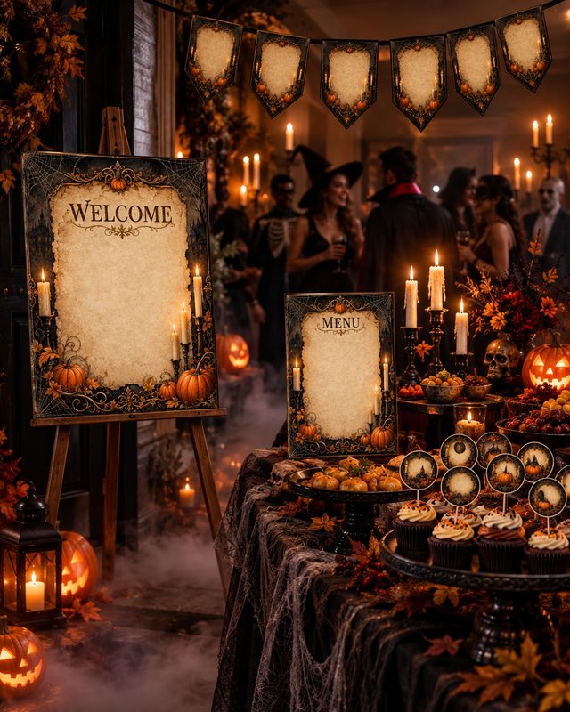 A Halloween party in the haunted-manor kit: the parchment welcome sign on an easel and the matching menu card among candles, pumpkins and cobwebs, with the pennant banner above and the cupcake toppers on the cake stand
