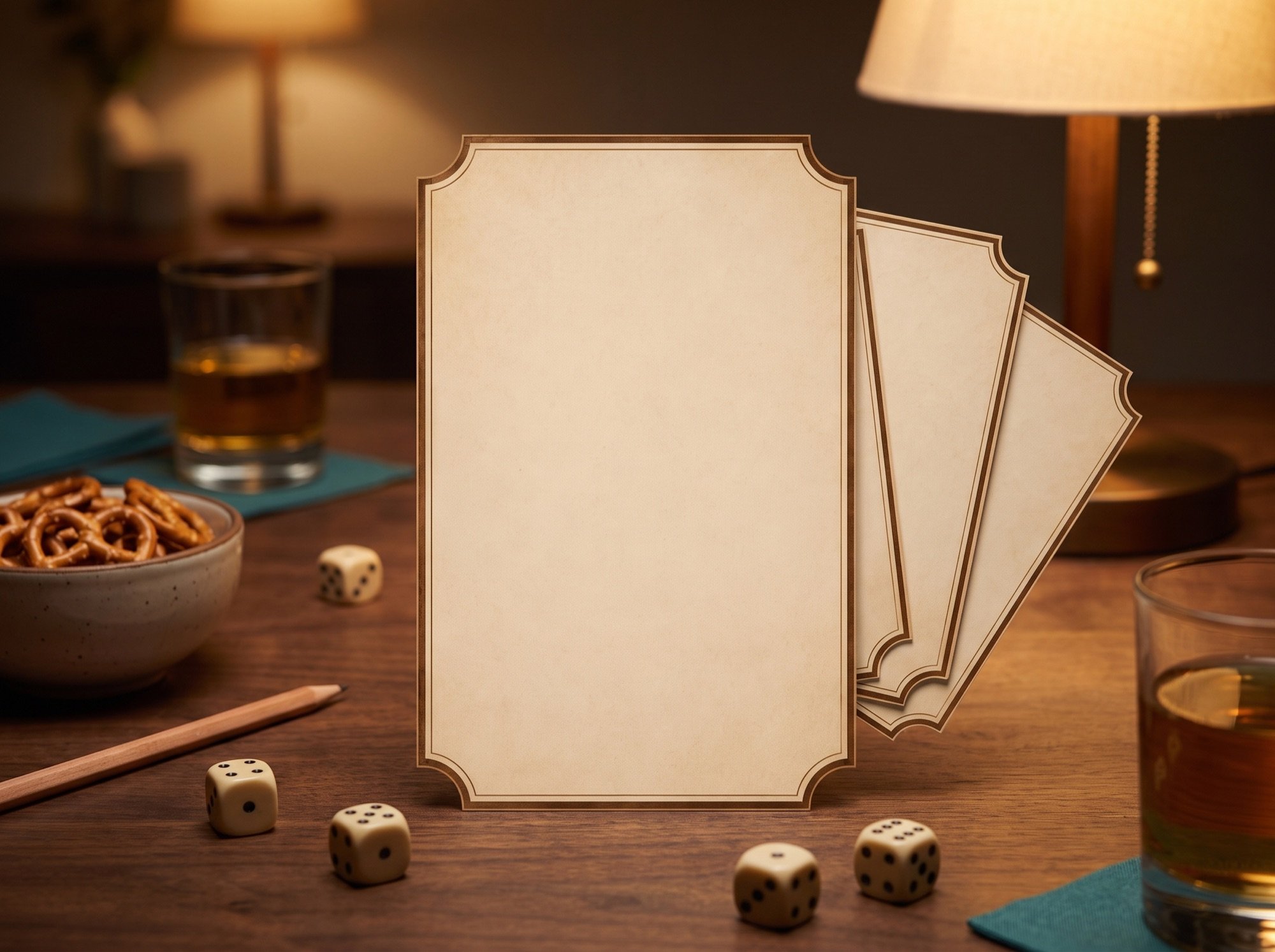 A games-night table under a lamp: dice, a pencil, pretzels, and the bracket-cornered score cards lying blank on the wood