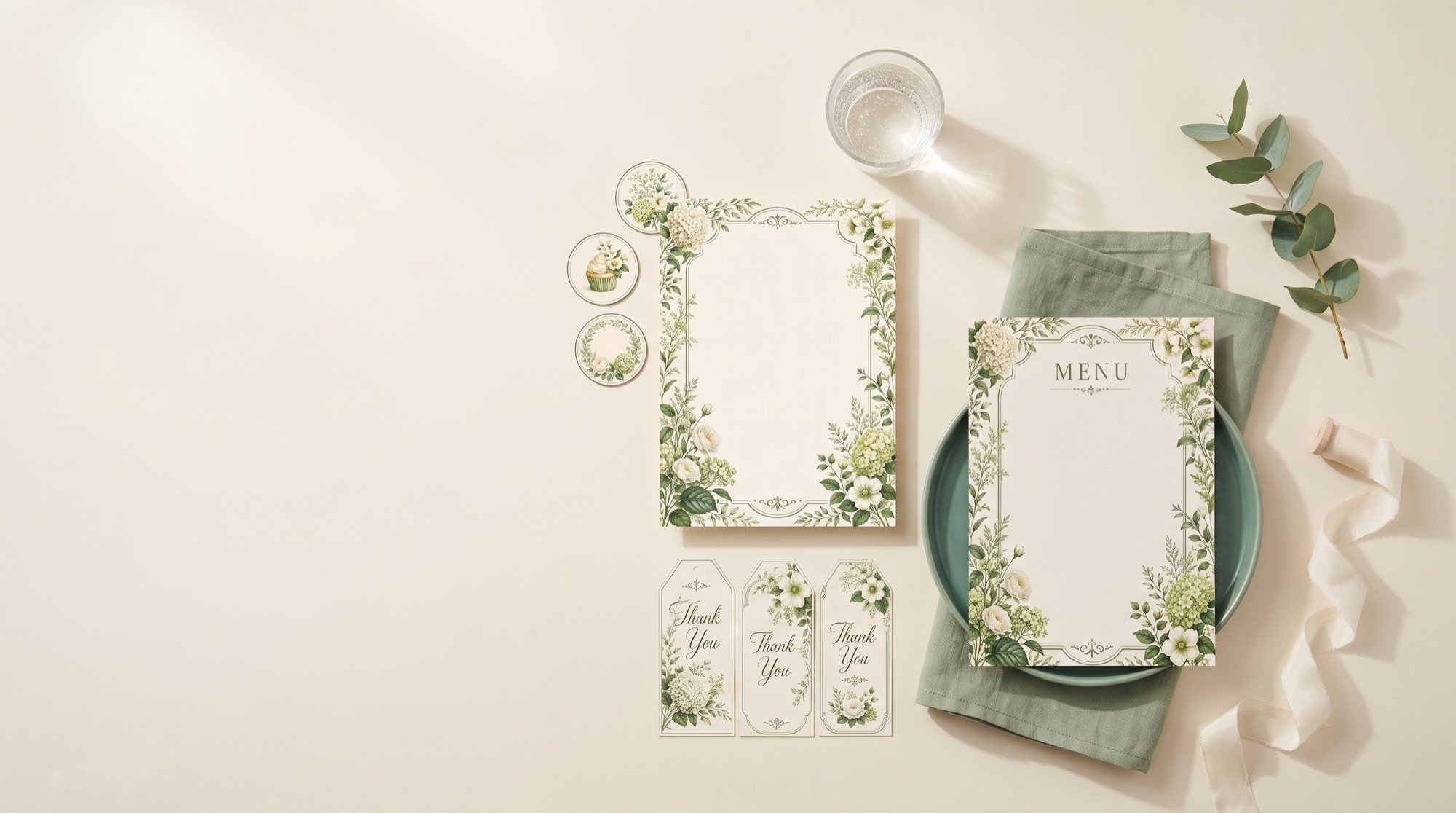 A garden party set on cream paper: the printed invitation, menu card, thank-you tags and cupcake toppers in one design, with a sage napkin and a glass of water