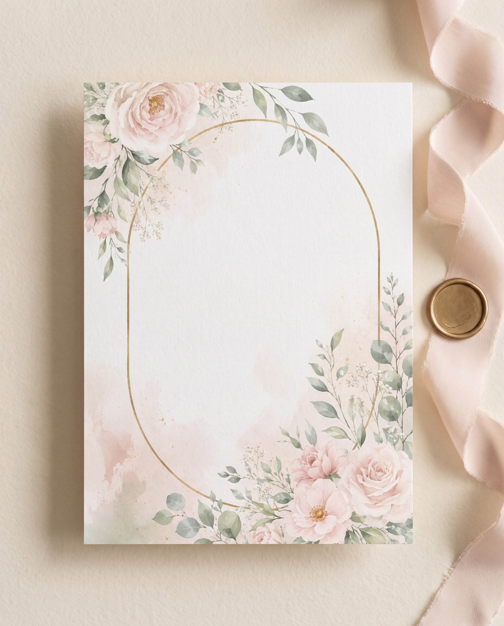 A blush-and-gold arch invitation with a silk ribbon and a wax seal