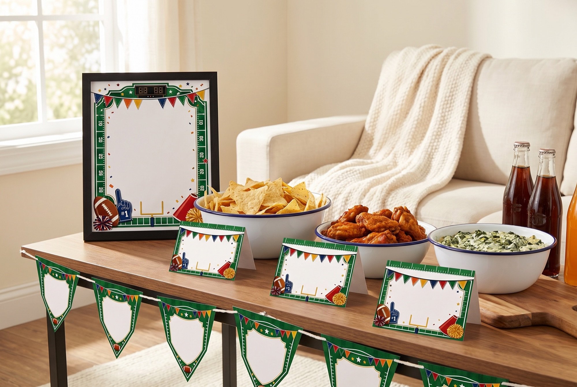 A game-day snack table with the printed welcome sign, food placards in front of the bowls and a string of pennants