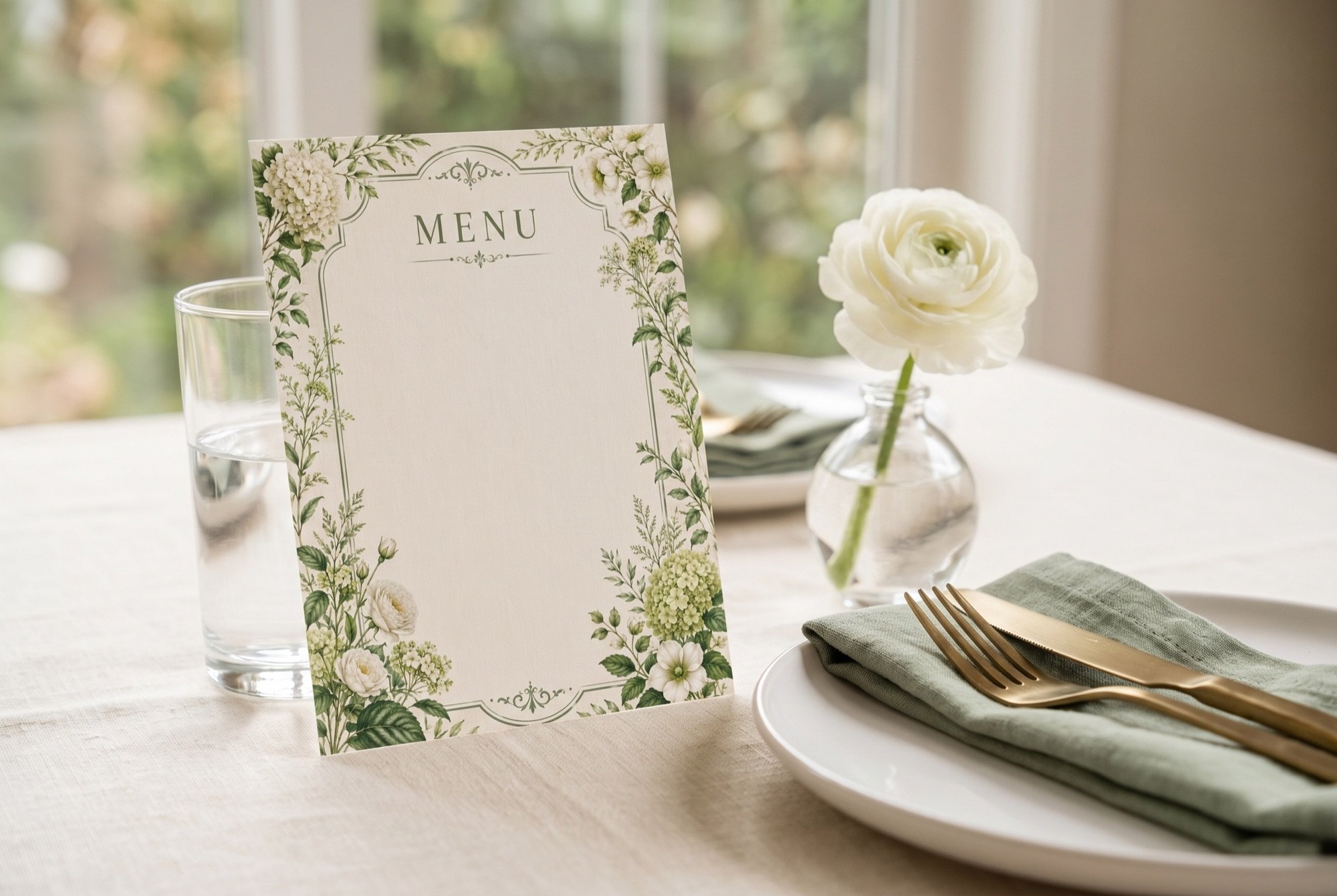 A printed menu card on a set table by a window