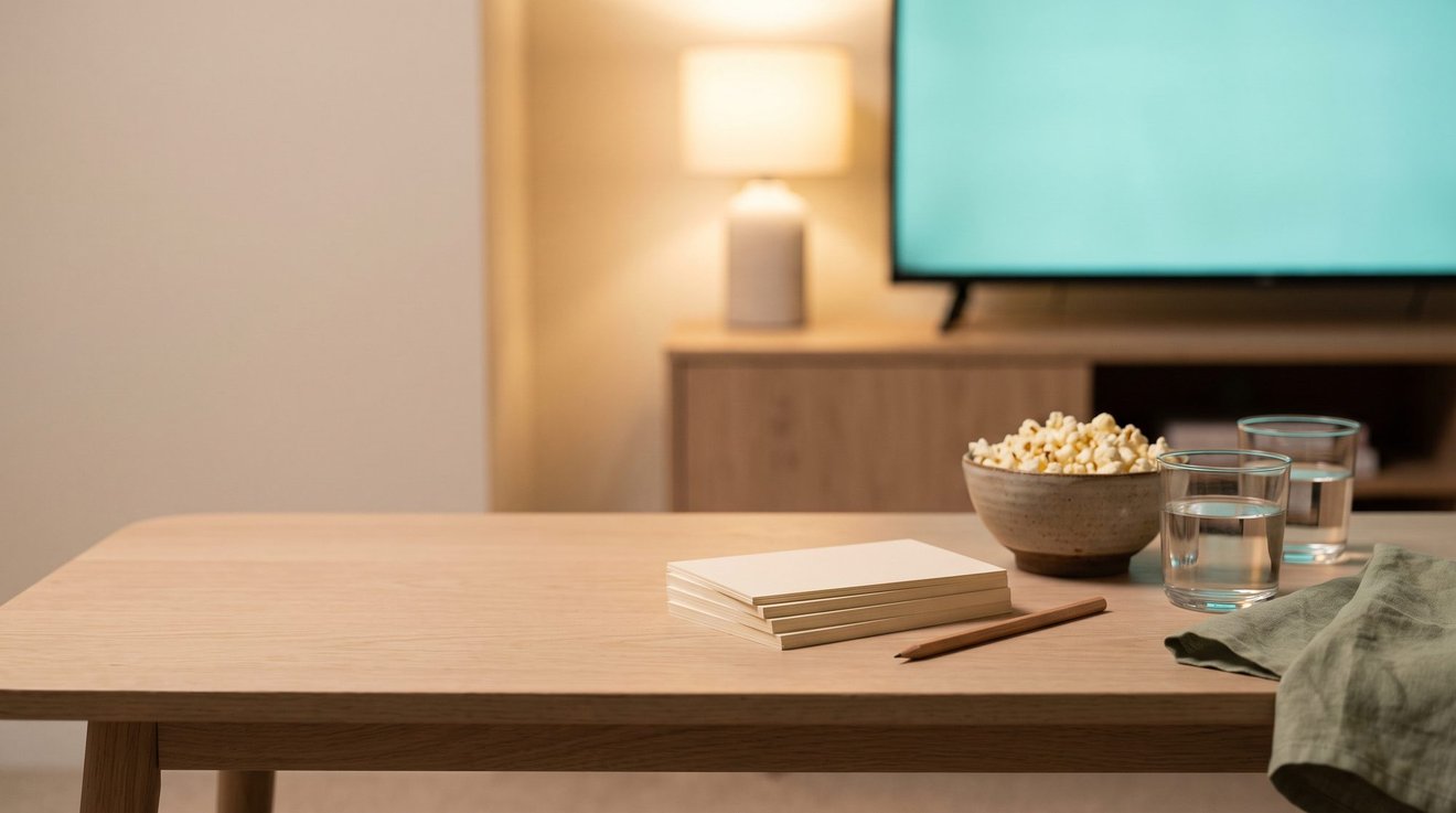 A game-night coffee table in lamplight: blank index cards and a pencil, a bowl of popcorn and two glasses, with the television glowing behind