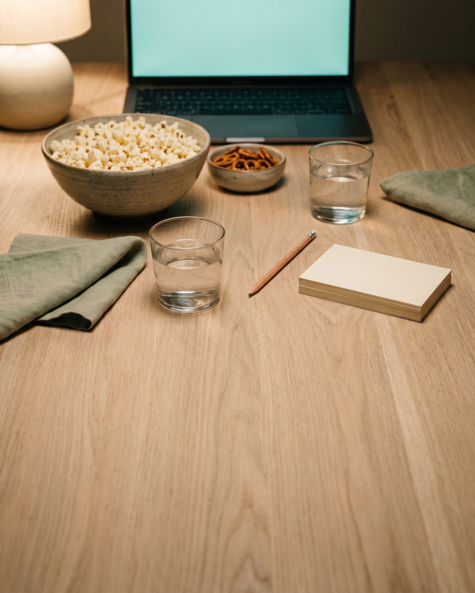 A game-night table in lamplight: popcorn and pretzels, two glasses of water, a pencil and a stack of blank cards in front of a laptop