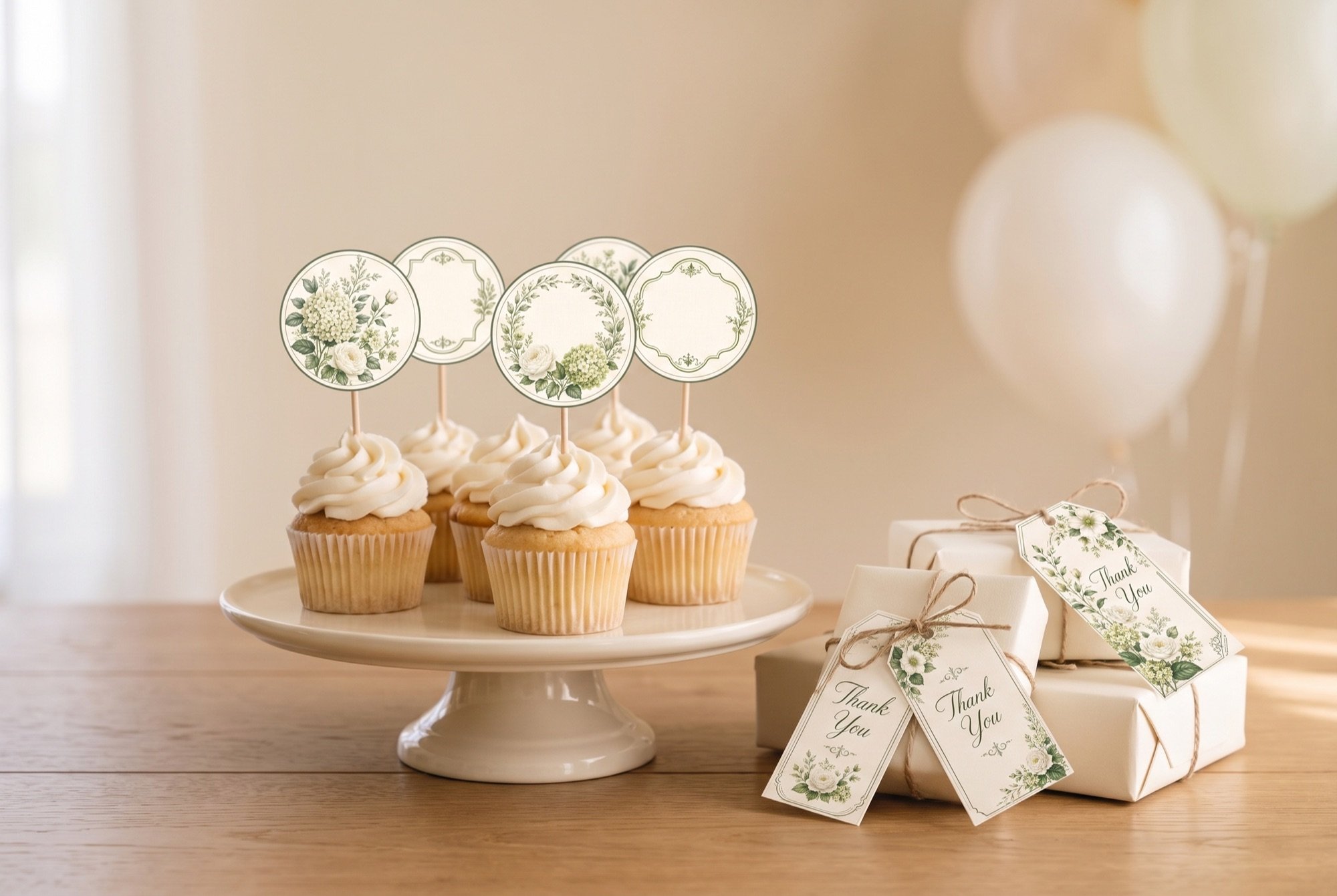Cupcakes with garden-soiree toppers on a cream stand beside wrapped gifts with matching thank-you tags
