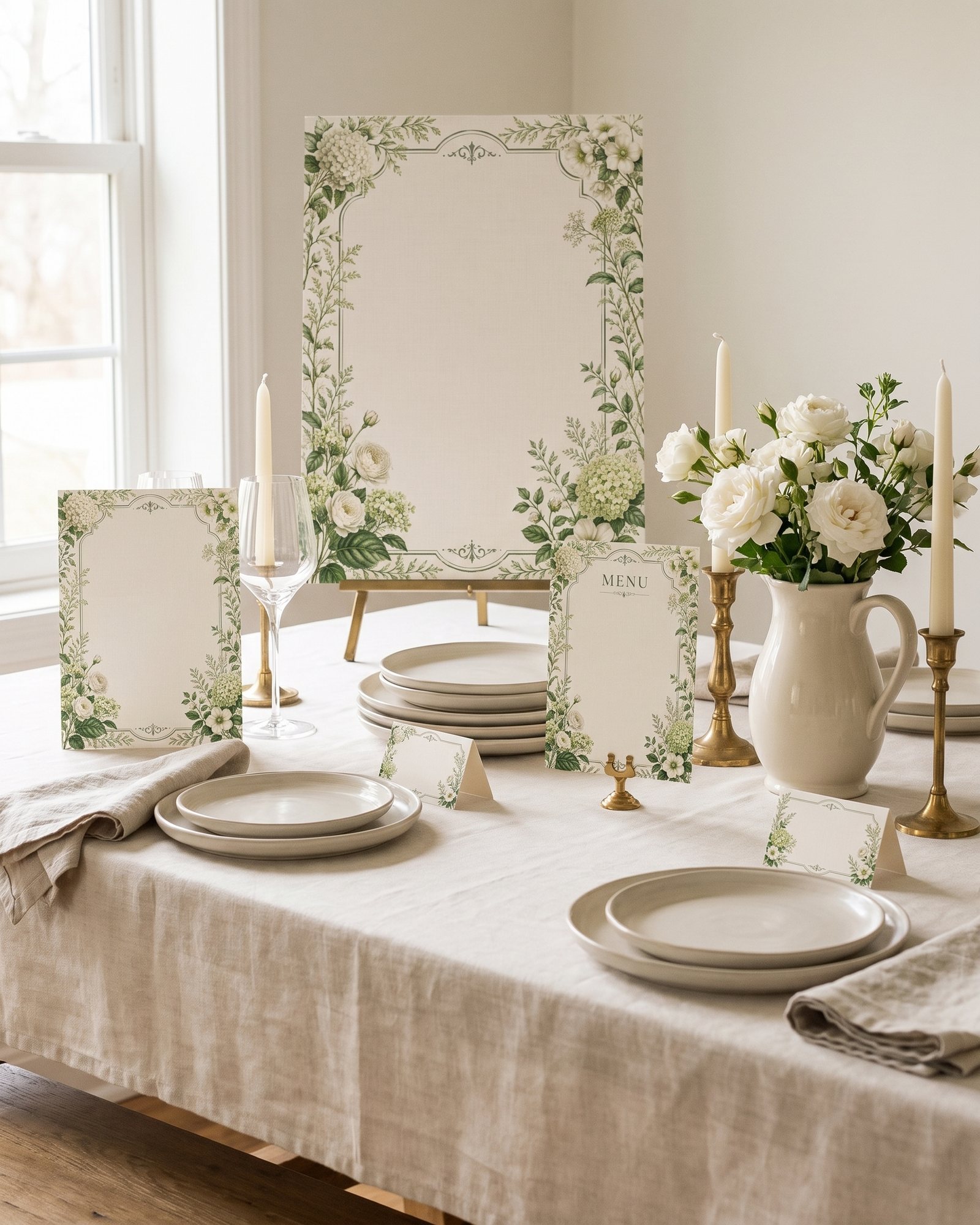 A long table laid for a party: a floral welcome sign on an easel, a matching menu and place cards, white roses in a jug and brass candlesticks