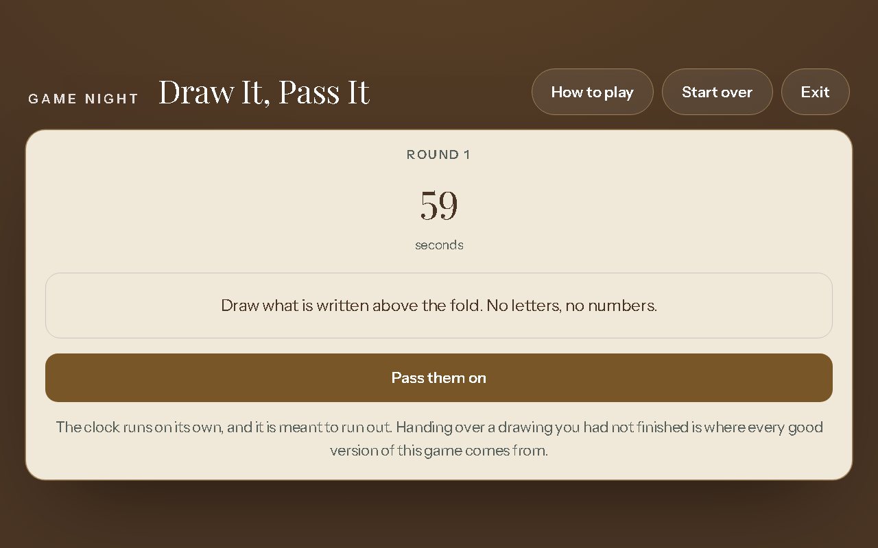 Draw It, Pass It on a screen: the prompt only the first player sees.